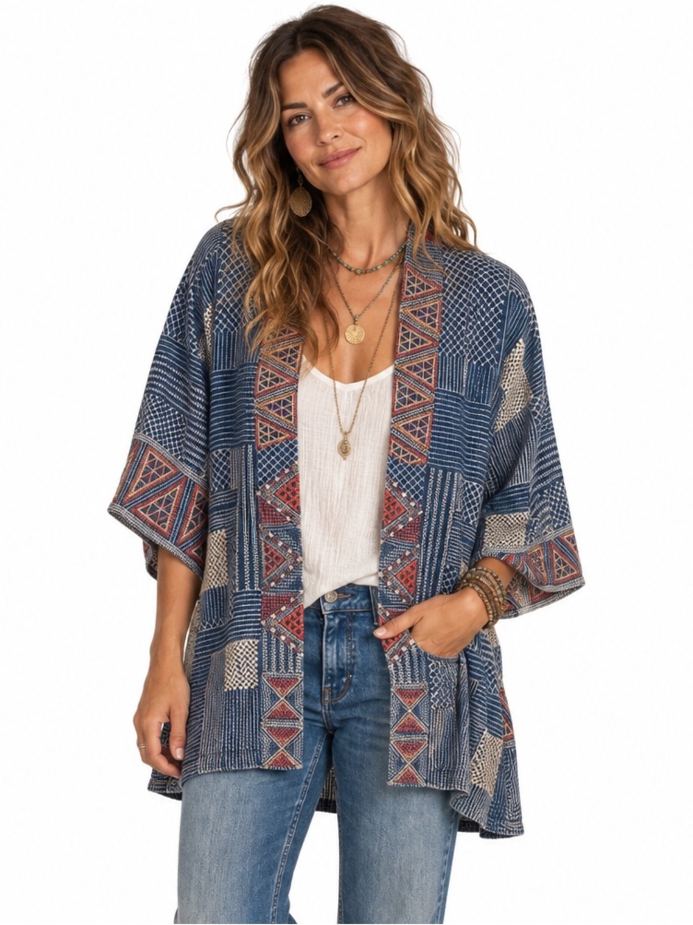 Johnny Was Workshop Thora Chambray Sashiko Stitch Kimono Jacket-Gorgeous! Nwot